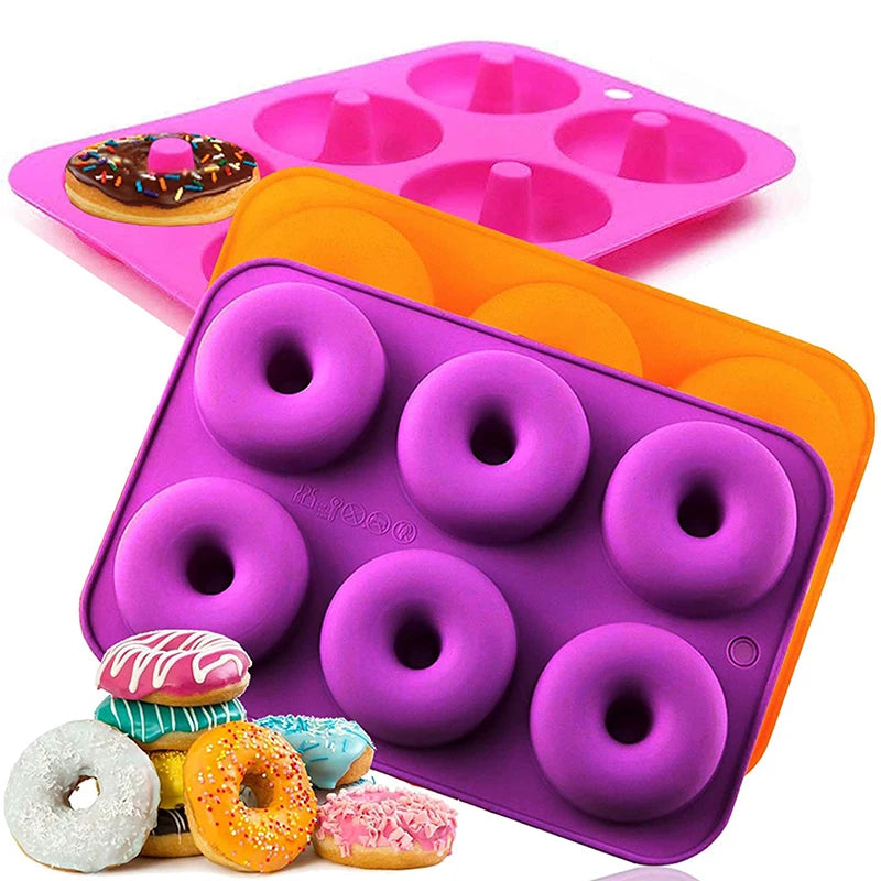 Molde de donut de silicone antiaderente, 6 furos, assadeira, pastelaria, chocolate, bolo, sobremesa, ferramentas de decoração DIY, bagels, muffins, donuts