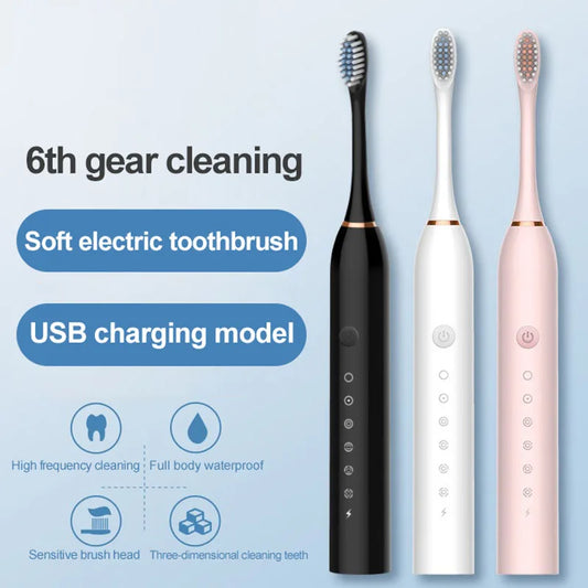 ianpai-Toothbrush elétrico acústico clássico para adulto, modo 5-Gear, carregamento USB, IPX7 impermeável, preto e branco
