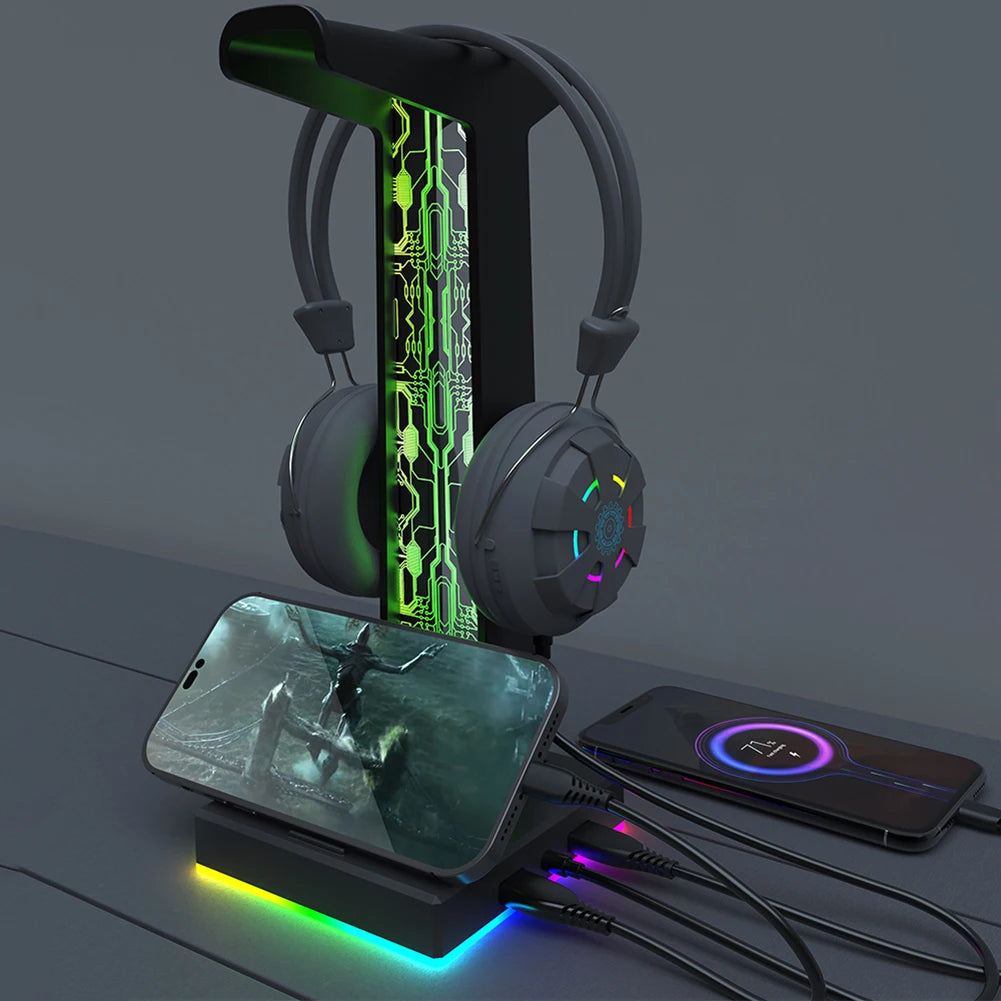 Suporte de fone de ouvido RGB com tipo C 2 portas USB 3,5 mm de áudio para todos os fones de ouvido gamers Gaming PC Desktop fone de ouvido Suporte de acessórios