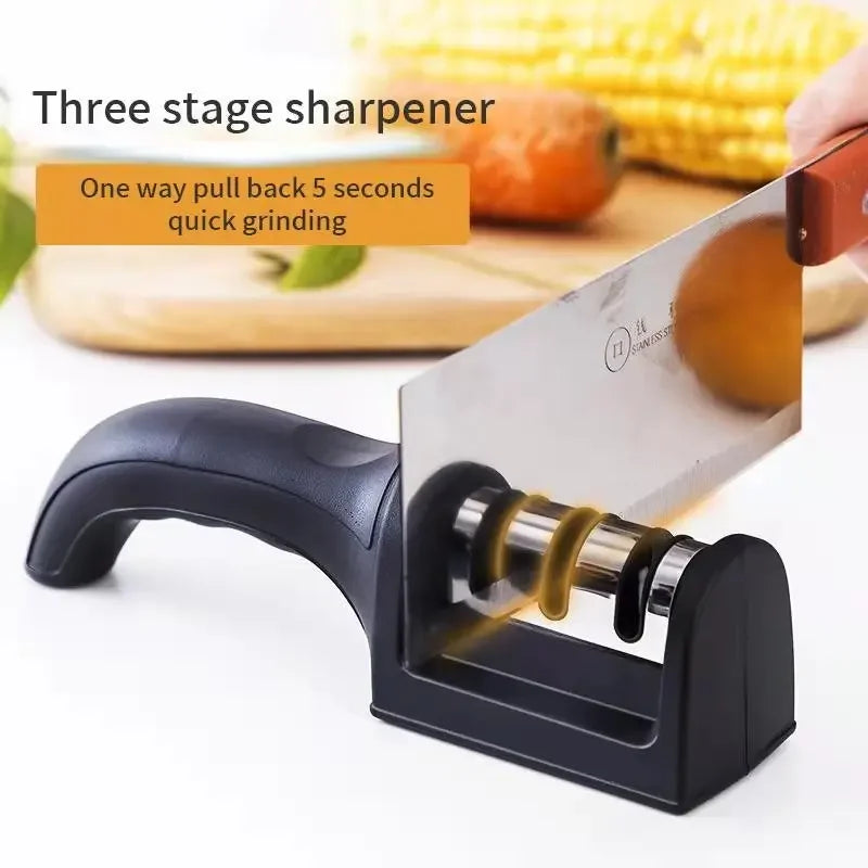 Afiador de faca preto com base antiderrapante, ferramenta de afiação rápida, portátil, multifuncional, facas de cozinha, 3 estágios tipo, 1pc